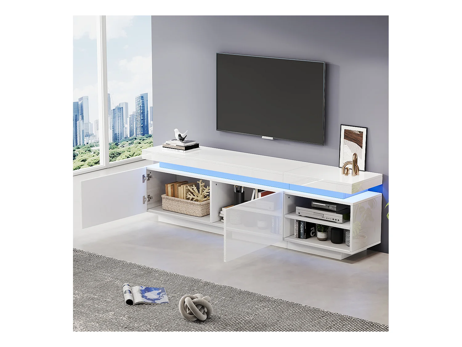 Móvel de TV Branco 170cm LED Brilhante 2 Portas Armazenamento para TV de 70 Polegadas Sala de Estar