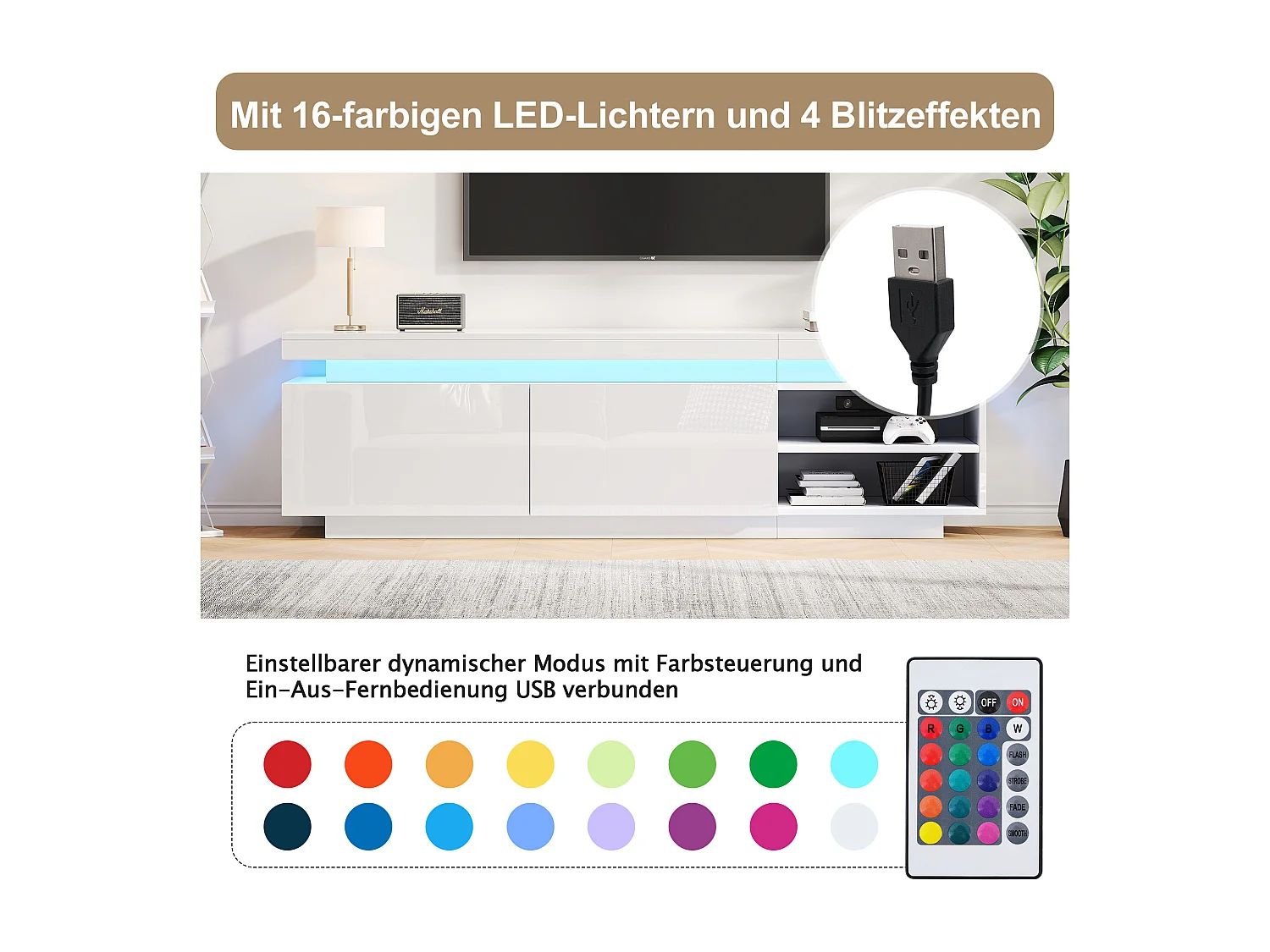 Móvel de TV Branco 170cm LED Brilhante 2 Portas Armazenamento para TV de 70 Polegadas Sala de Estar