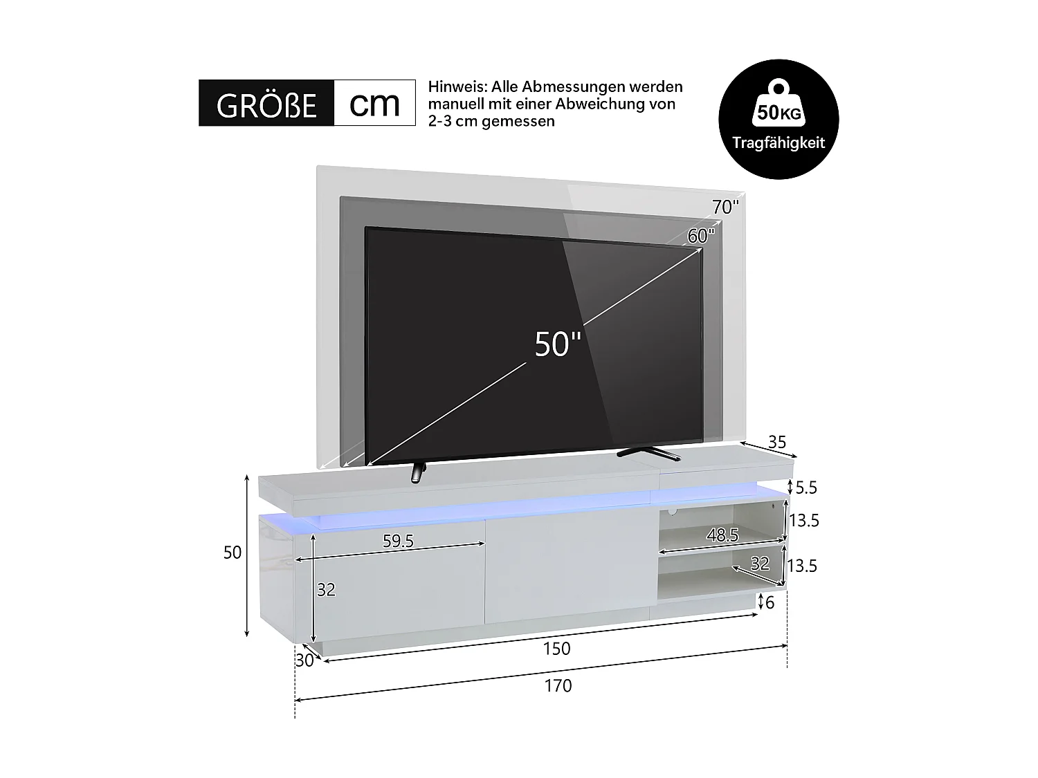 Móvel de TV Branco 170cm LED Brilhante 2 Portas Armazenamento para TV de 70 Polegadas Sala de Estar