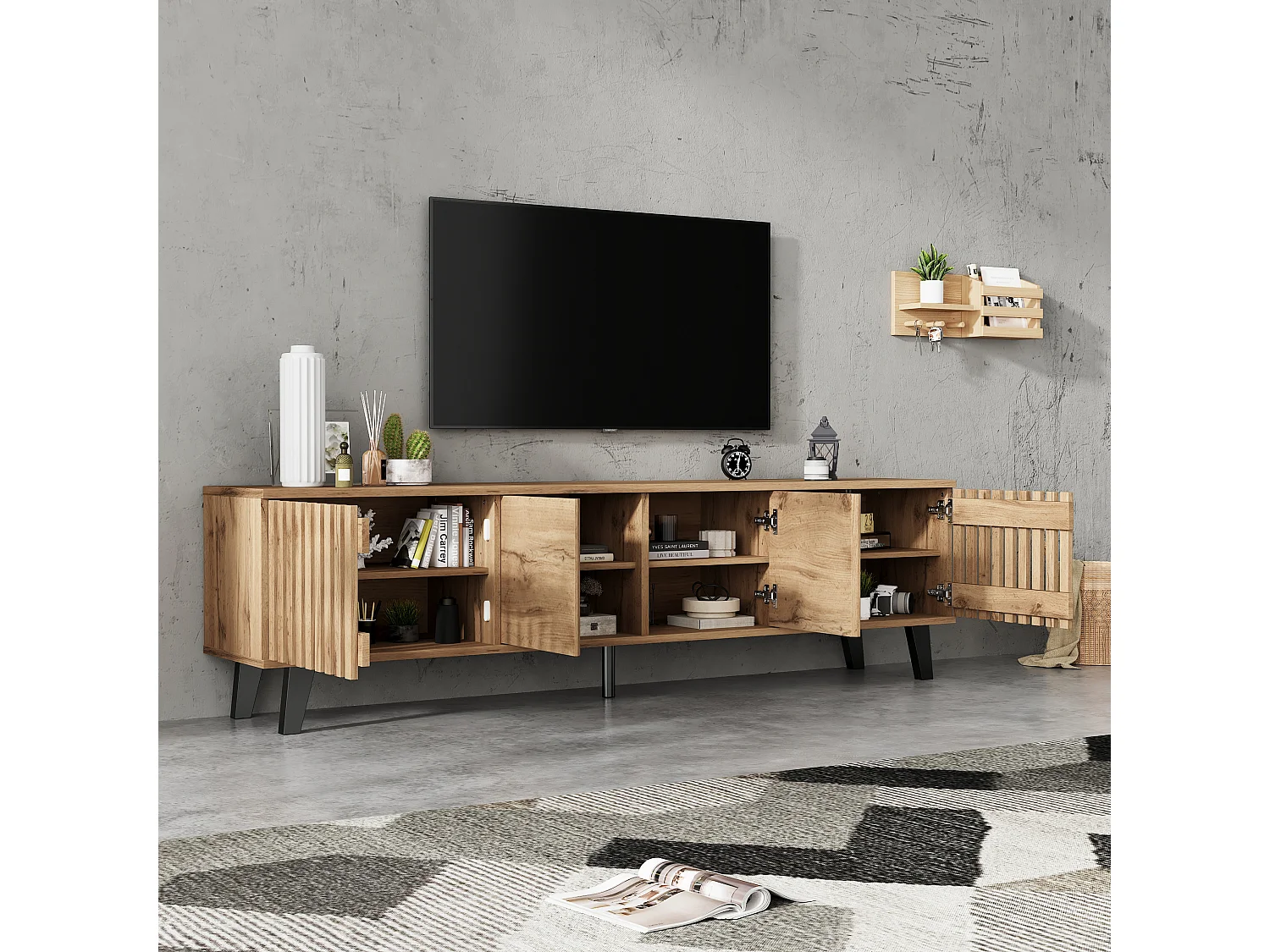 Móvel de TV de madeira natural de 180 cm com 9 compartimentos para sala de estar e TV de 70"