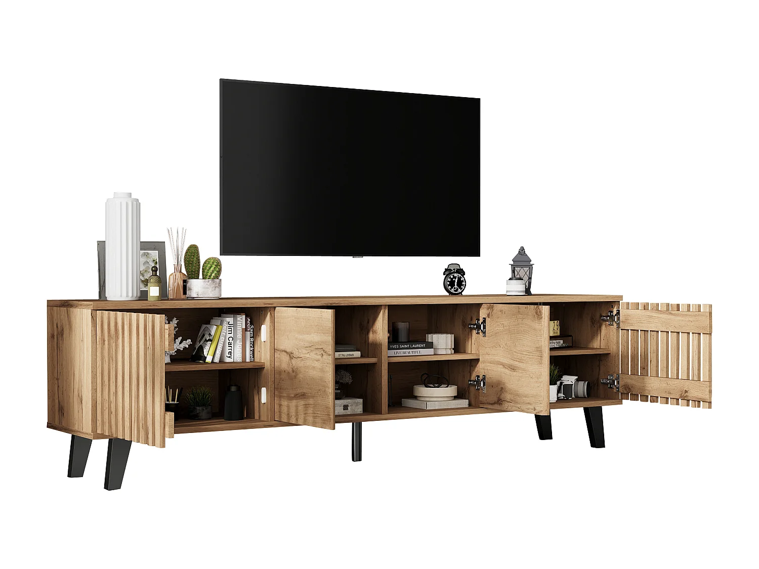 Móvel de TV de madeira natural de 180 cm com 9 compartimentos para sala de estar e TV de 70"