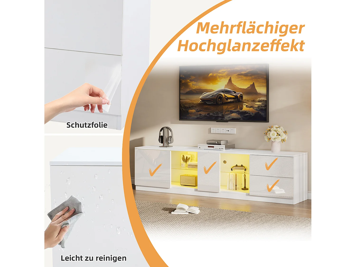 Mueble de TV blanco de 160 cm, moderno, con iluminación LED, para salón y dormitorio.