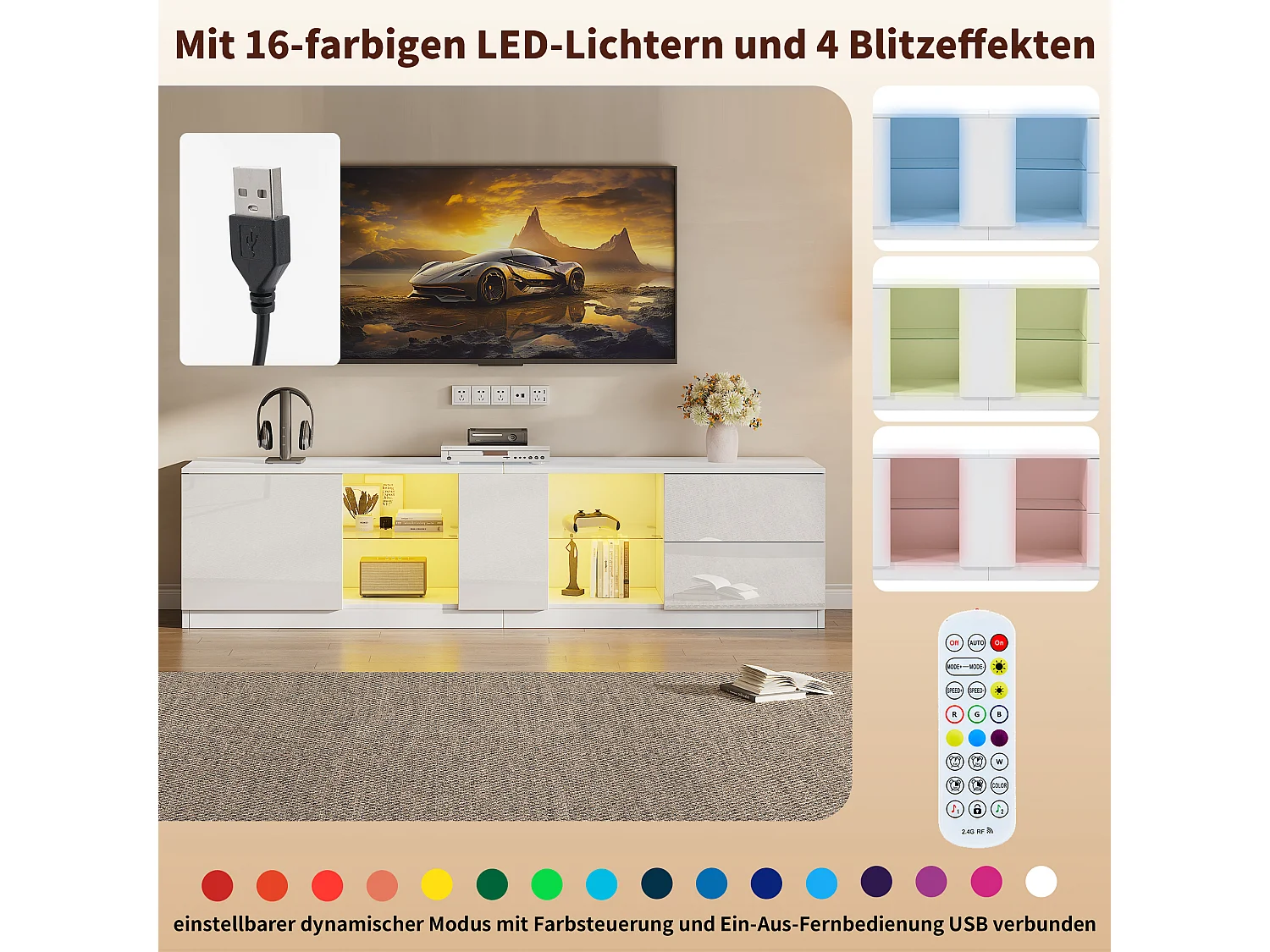 Mueble de TV blanco de 160 cm, moderno, con iluminación LED, para salón y dormitorio.
