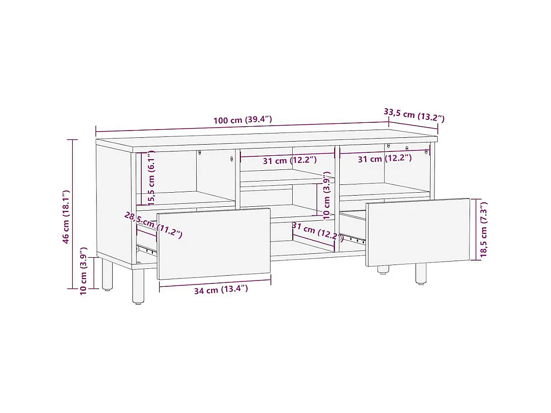 Mobile Porta TV Nero 100x33,5x46 cm Legno Massello Mango Grezzo