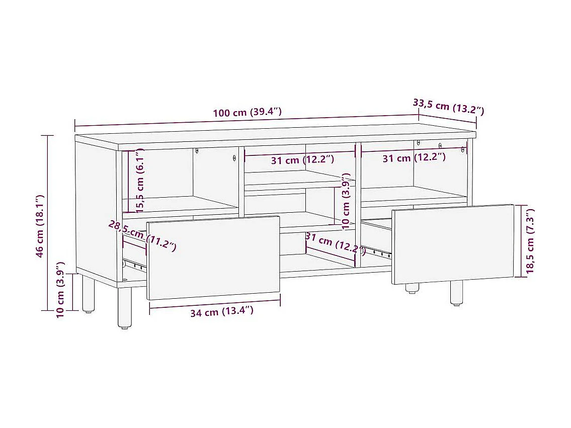 TV-Schrank Schwarz 100x33,5x46 cm Raues Mangoholz