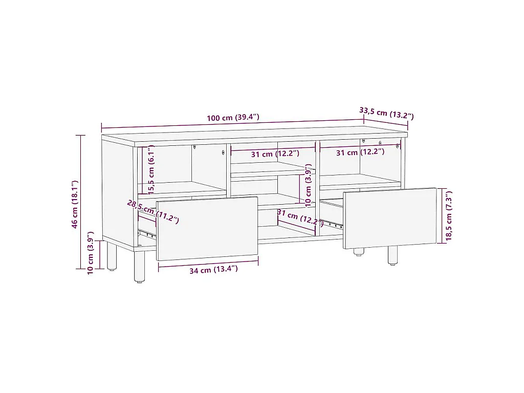 Mobile Porta TV Nero 100x33,5x46 cm Legno Massello Mango Grezzo
