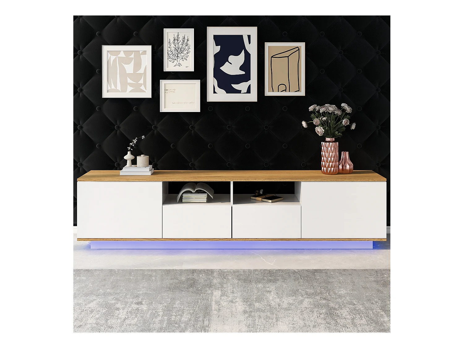 Suporte de TV LED branco 180 cm estilo industrial com armazenamento para TV de 80 polegadas na sala de estar