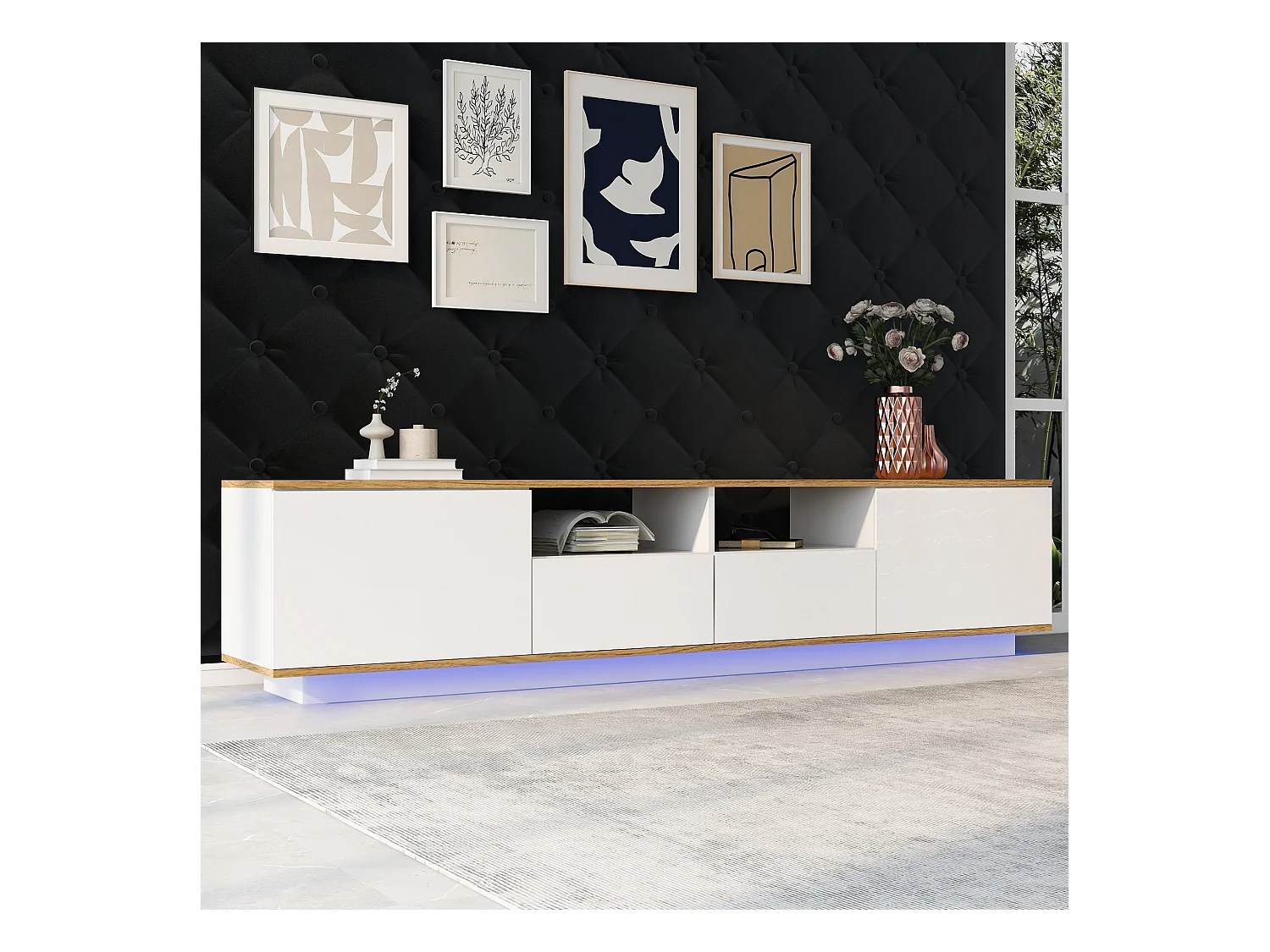 Suporte de TV LED branco 180 cm estilo industrial com armazenamento para TV de 80 polegadas na sala de estar