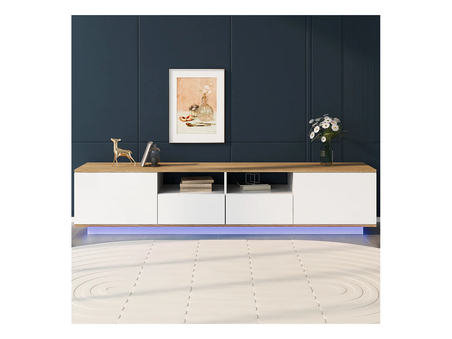 Suporte de TV LED branco 180 cm estilo industrial com armazenamento para TV de 80 polegadas na sala de estar