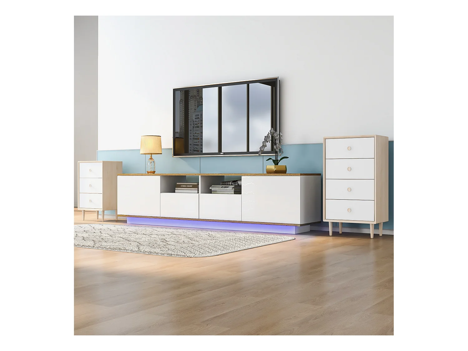 Suporte de TV LED branco 180 cm estilo industrial com armazenamento para TV de 80 polegadas na sala de estar