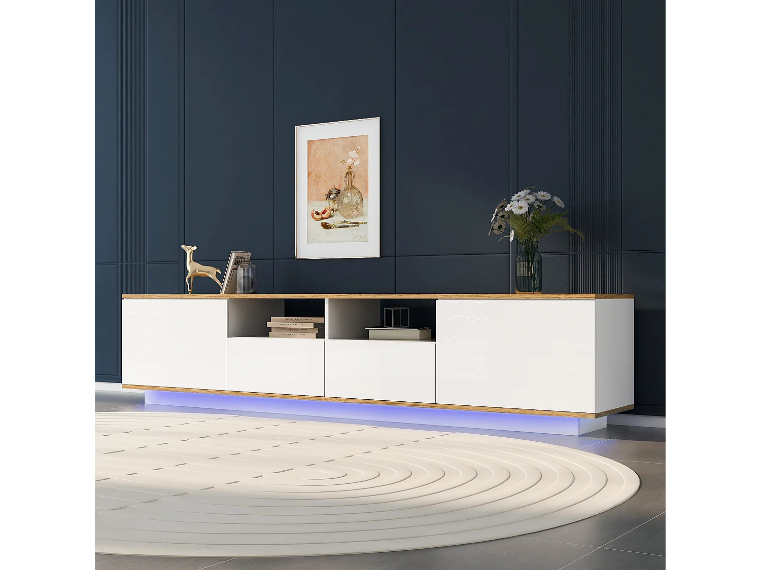 Suporte de TV LED branco 180 cm estilo industrial com armazenamento para TV de 80 polegadas na sala de estar