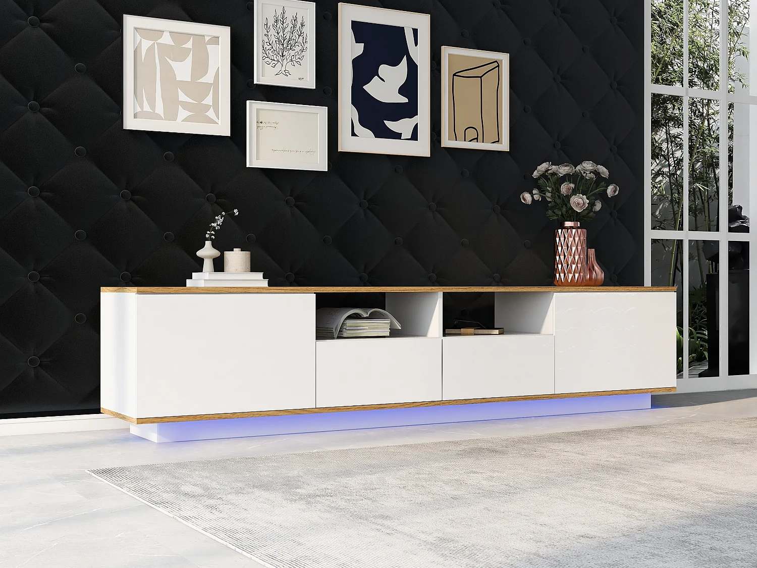 Suporte de TV LED branco 180 cm estilo industrial com armazenamento para TV de 80 polegadas na sala de estar