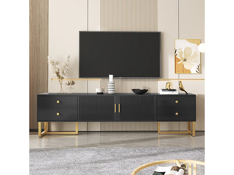 Mobile TV 175 cm MDF nero porte e tiroirs pieds dorés rangement salon moderne