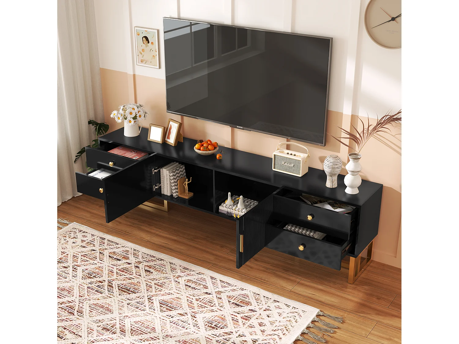 Mobile TV 175 cm MDF nero porte e tiroirs pieds dorés rangement salon moderne