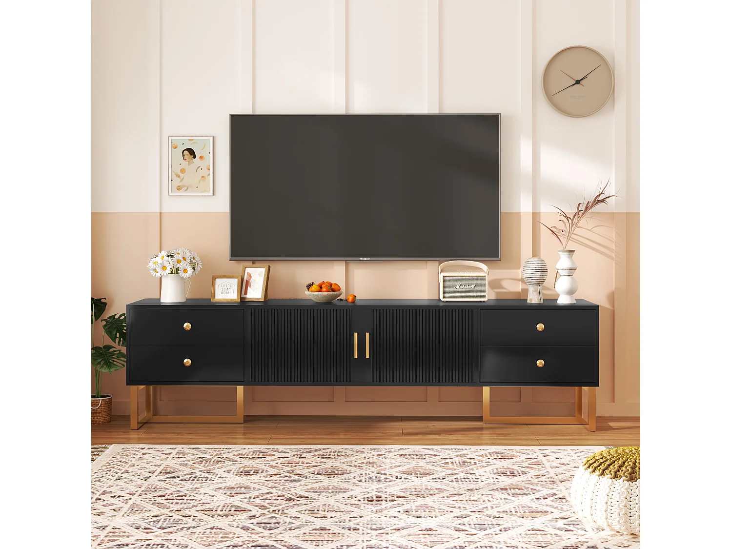 Mueble de TV de 175 cm MDF puertas y cajones negros patas doradas moderno salón almacenaje
