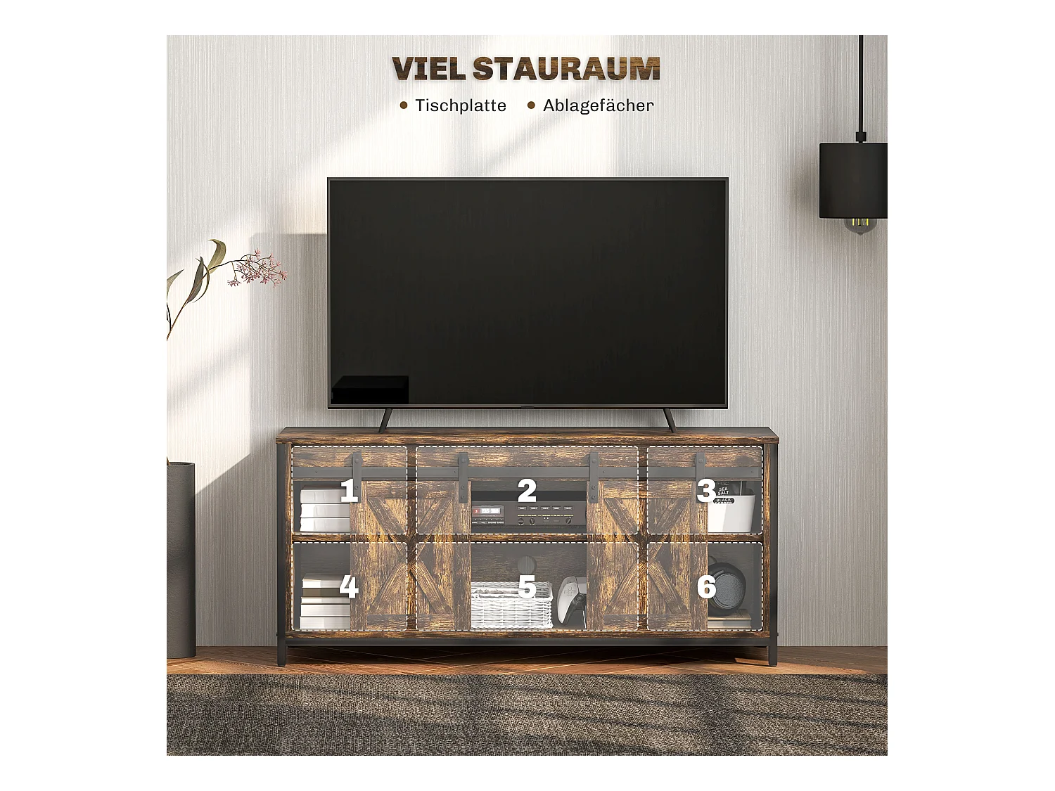 Mobile TV Industriel Brun 120 cm Portes Coulissantes 6 Compartiments pour Salon Séjour