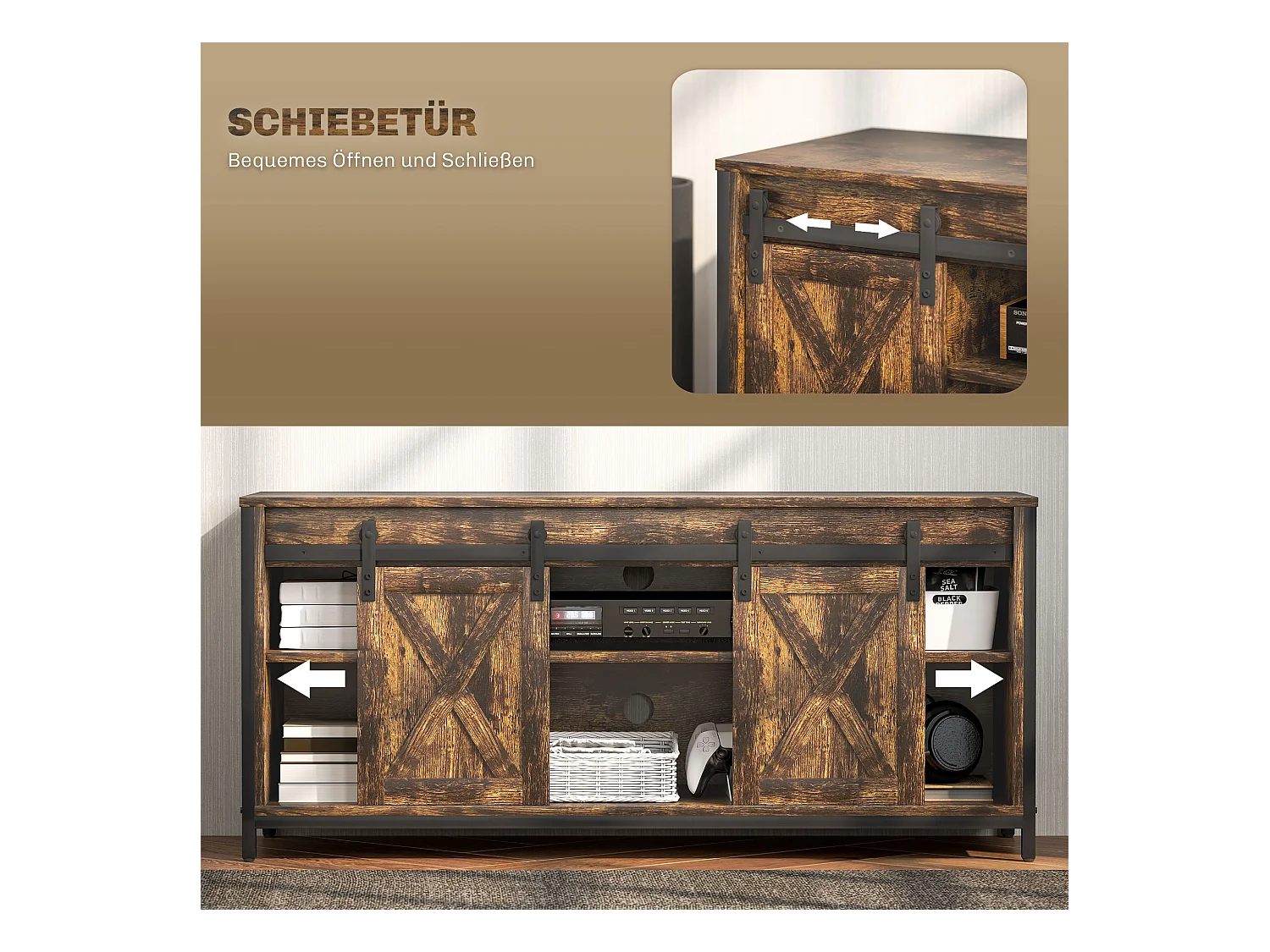 Mobile TV Industriel Brun 120 cm Portes Coulissantes 6 Compartiments pour Salon Séjour