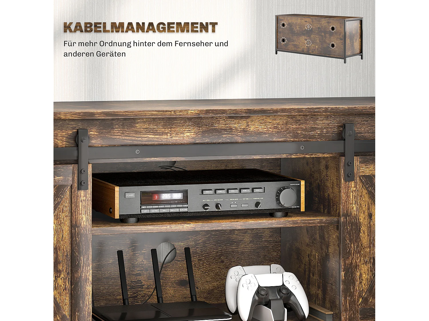 Mobile TV Industriel Brun 120 cm Portes Coulissantes 6 Compartiments pour Salon Séjour