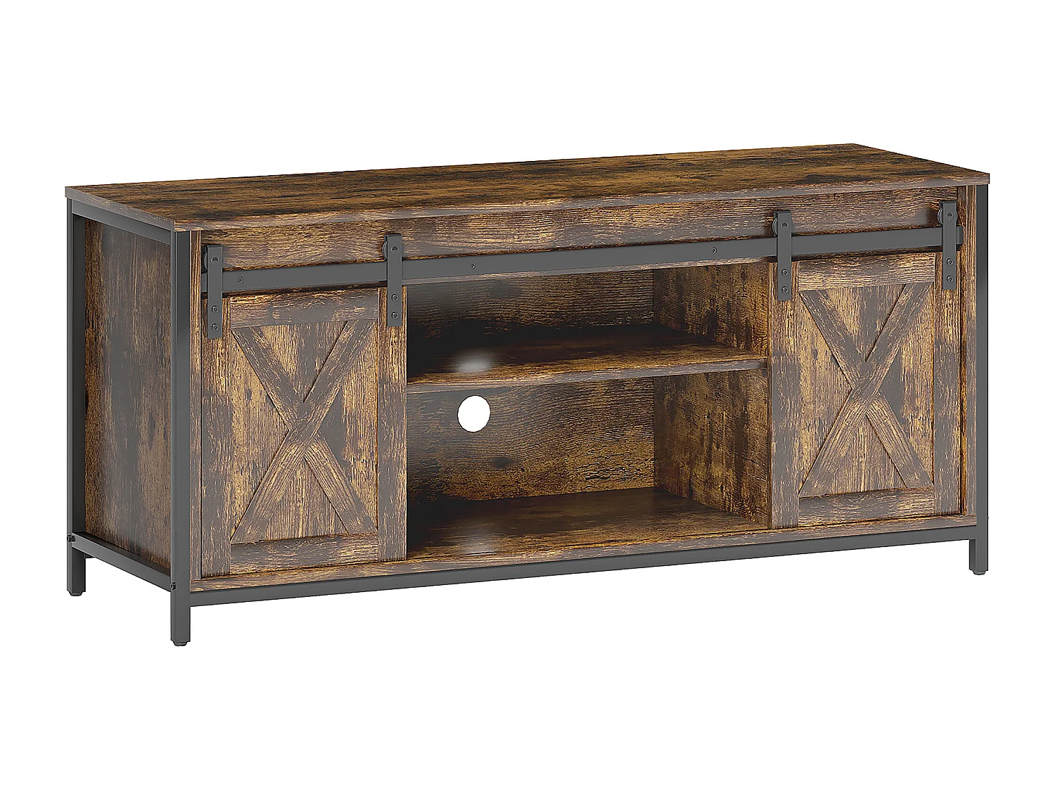 Mobile TV Industriel Brun 120 cm Portes Coulissantes 6 Compartiments pour Salon Séjour