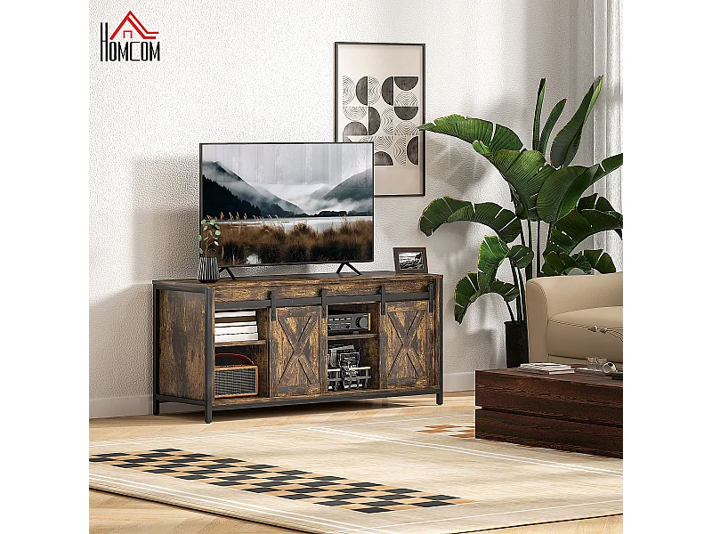 Mobile TV Industriel Brun 120 cm Portes Coulissantes 6 Compartiments pour Salon Séjour