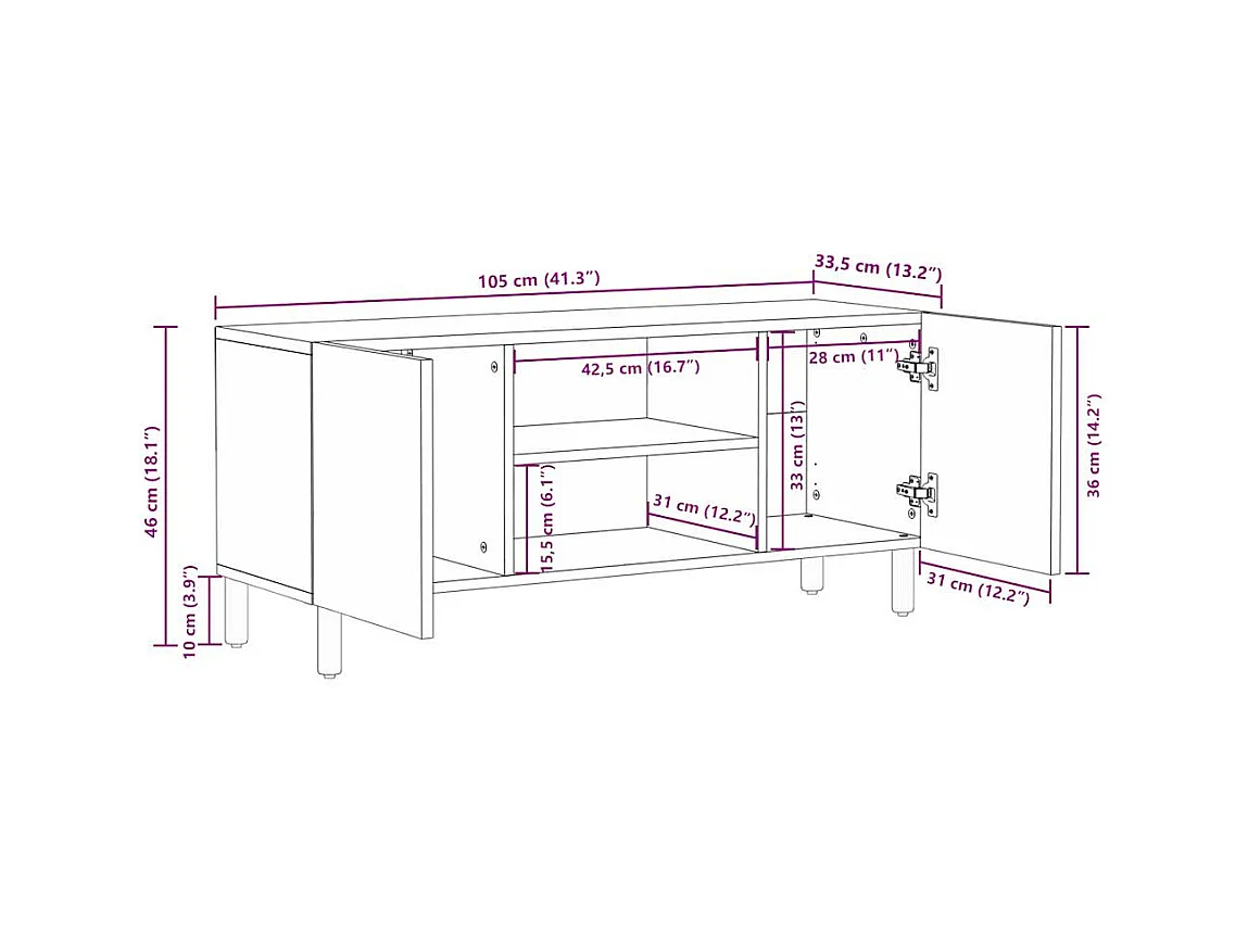 Mobile Porta TV Nero 105x33,5x46 cm Legno Massello Mango Grezzo