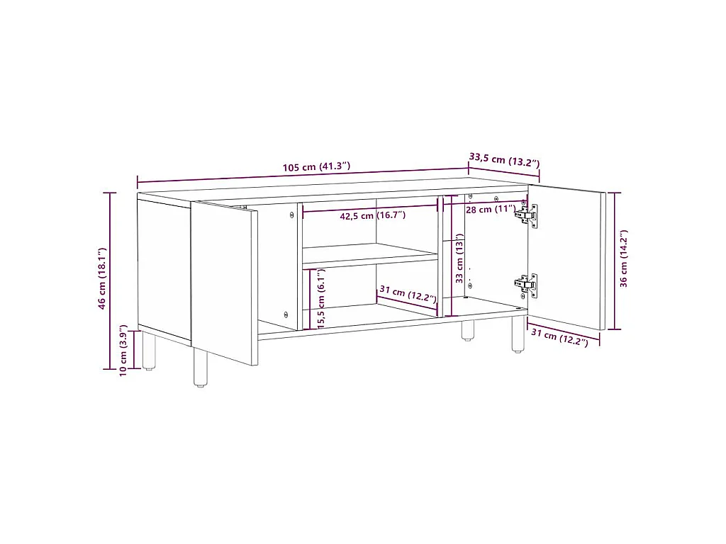 Mobile Porta TV Nero 105x33,5x46 cm Legno Massello Mango Grezzo