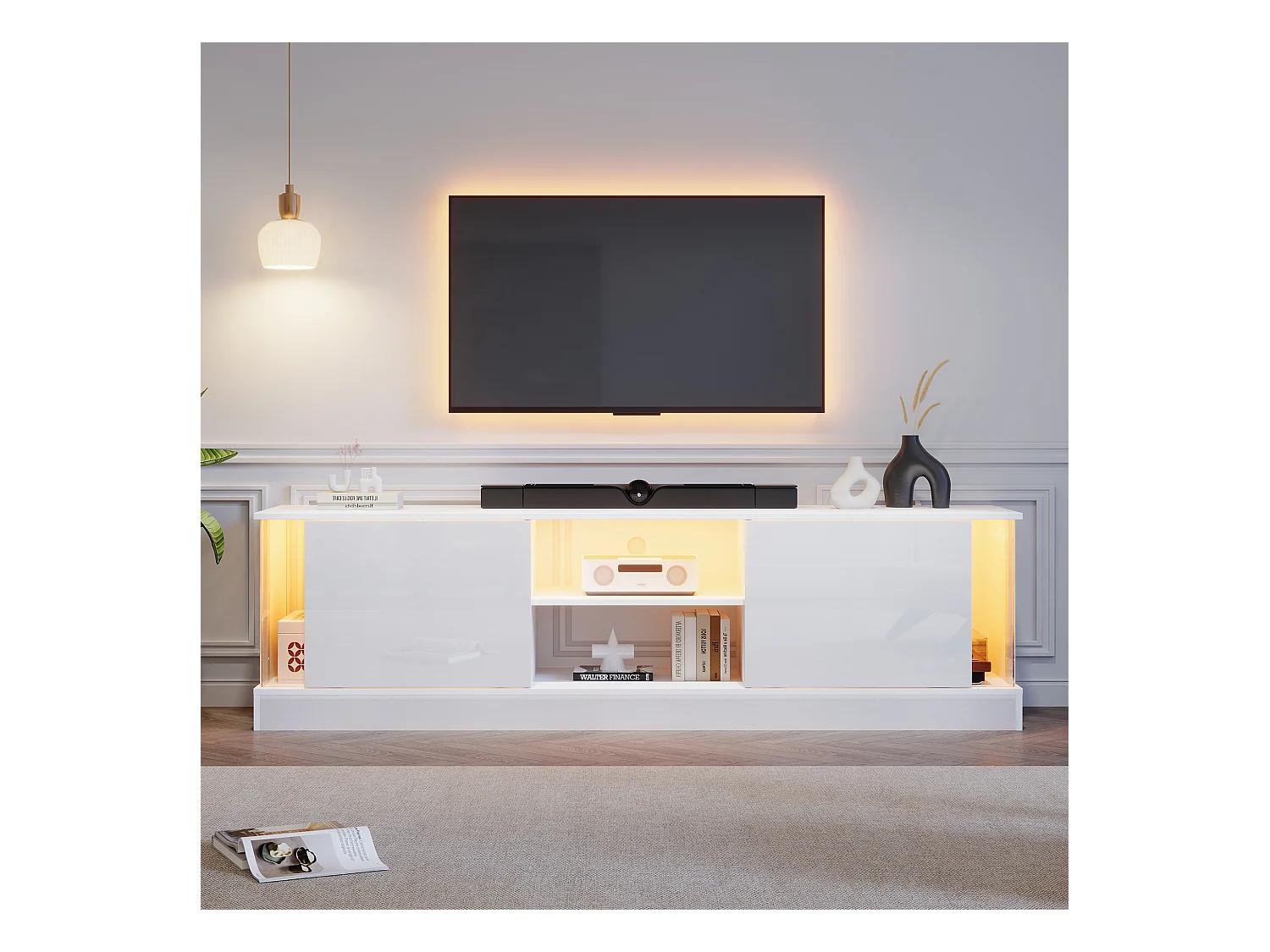 Suporte de TV branco 176 cm LED brilhante 3 zonas de armazenamento para TV de 70 polegadas