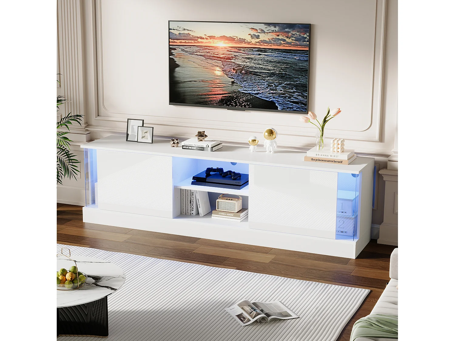 Suporte de TV branco 176 cm LED brilhante 3 zonas de armazenamento para TV de 70 polegadas