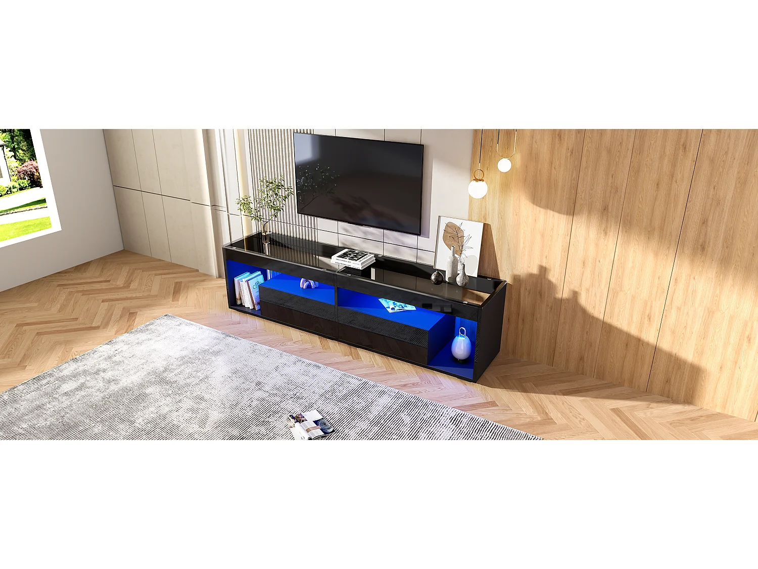 Mobile TV Noir 180cm LED Brillant 2 Tiroirs Verre Trempé pour TV 70 Pouces