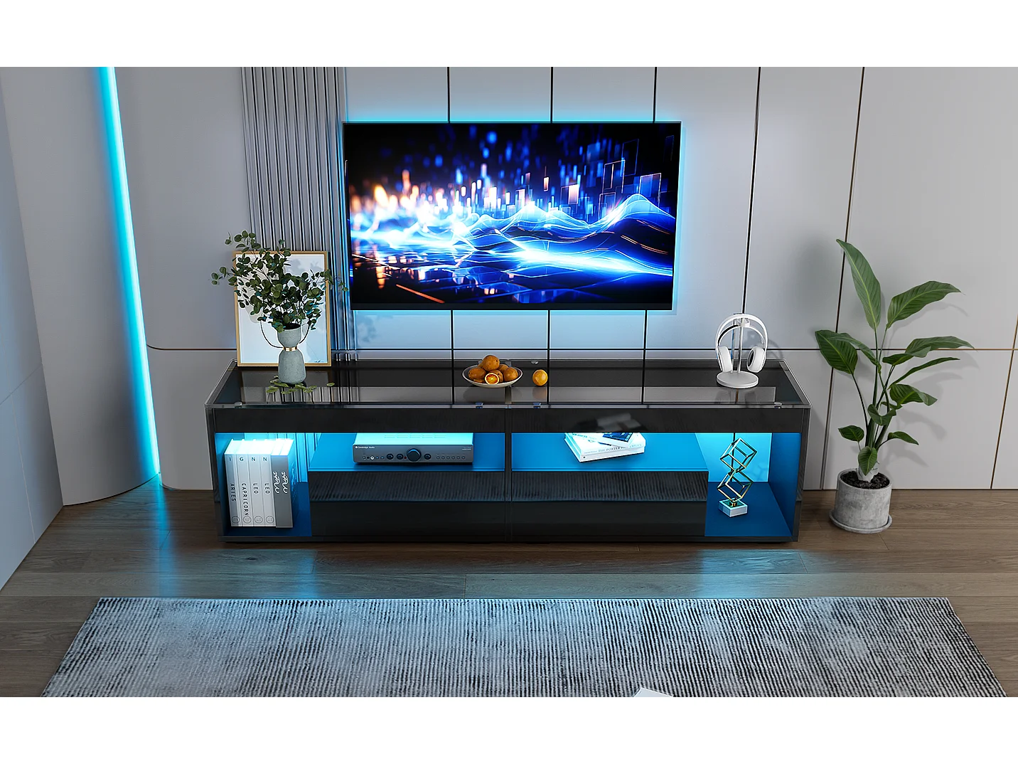 Mobile TV Noir 180cm LED Brillant 2 Tiroirs Verre Trempé pour TV 70 Pouces