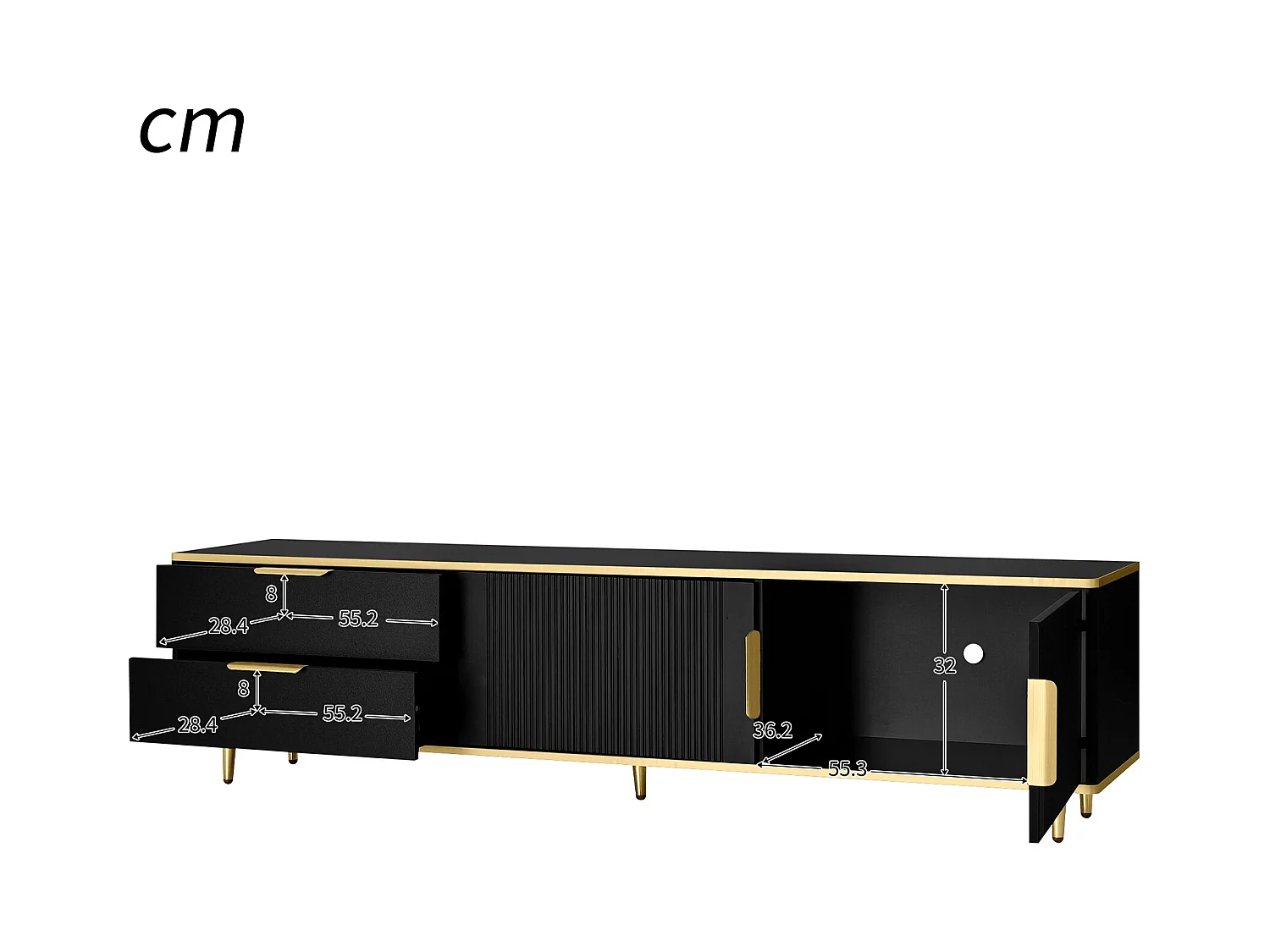 Mueble de TV de madera negra de 175 cm con detalles dorados y almacenaje para salón