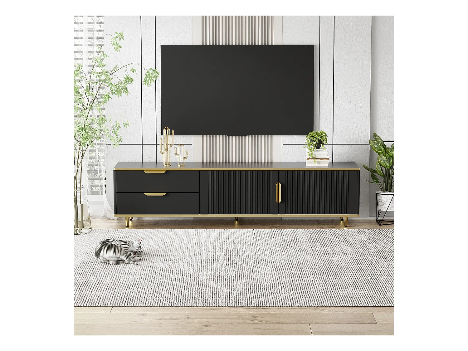 Mueble de TV de madera negra de 175 cm con detalles dorados y almacenaje para salón