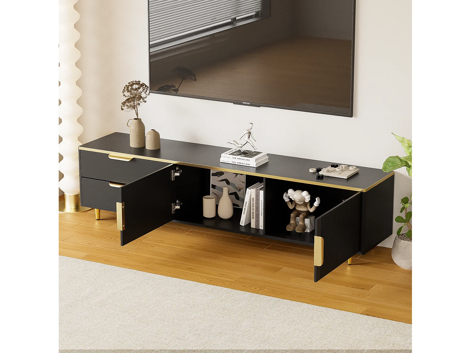 Mueble de TV de madera negra de 175 cm con detalles dorados y almacenaje para salón