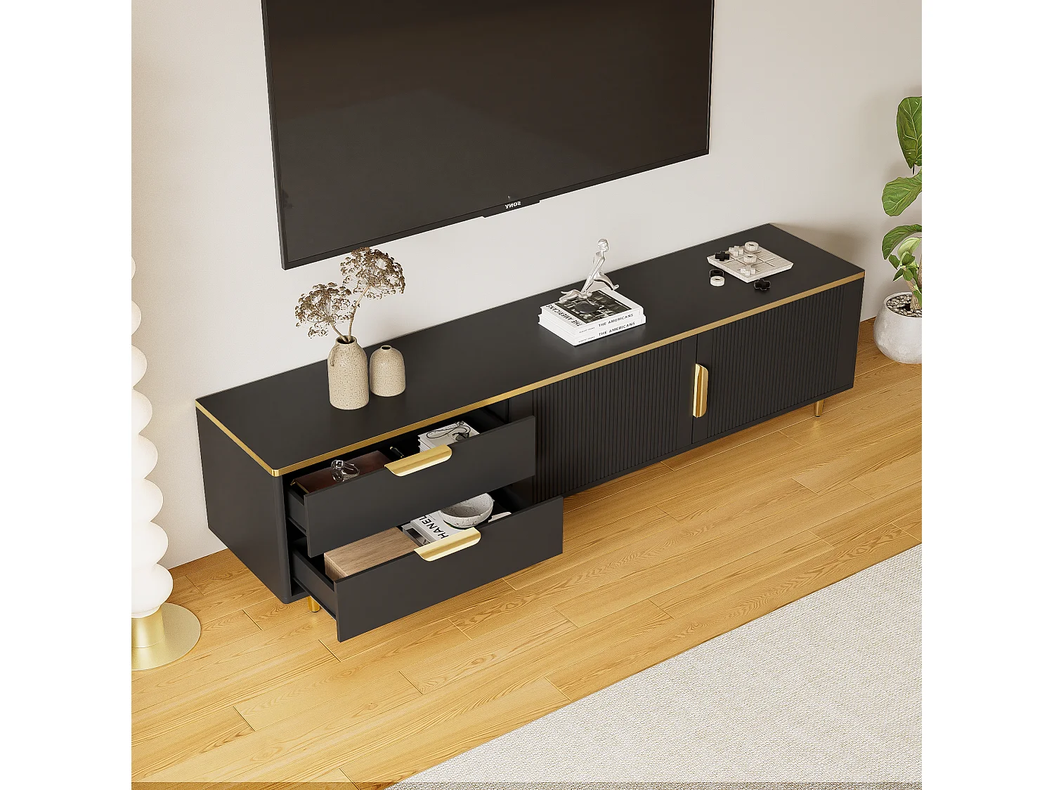 Mueble de TV de madera negra de 175 cm con detalles dorados y almacenaje para salón
