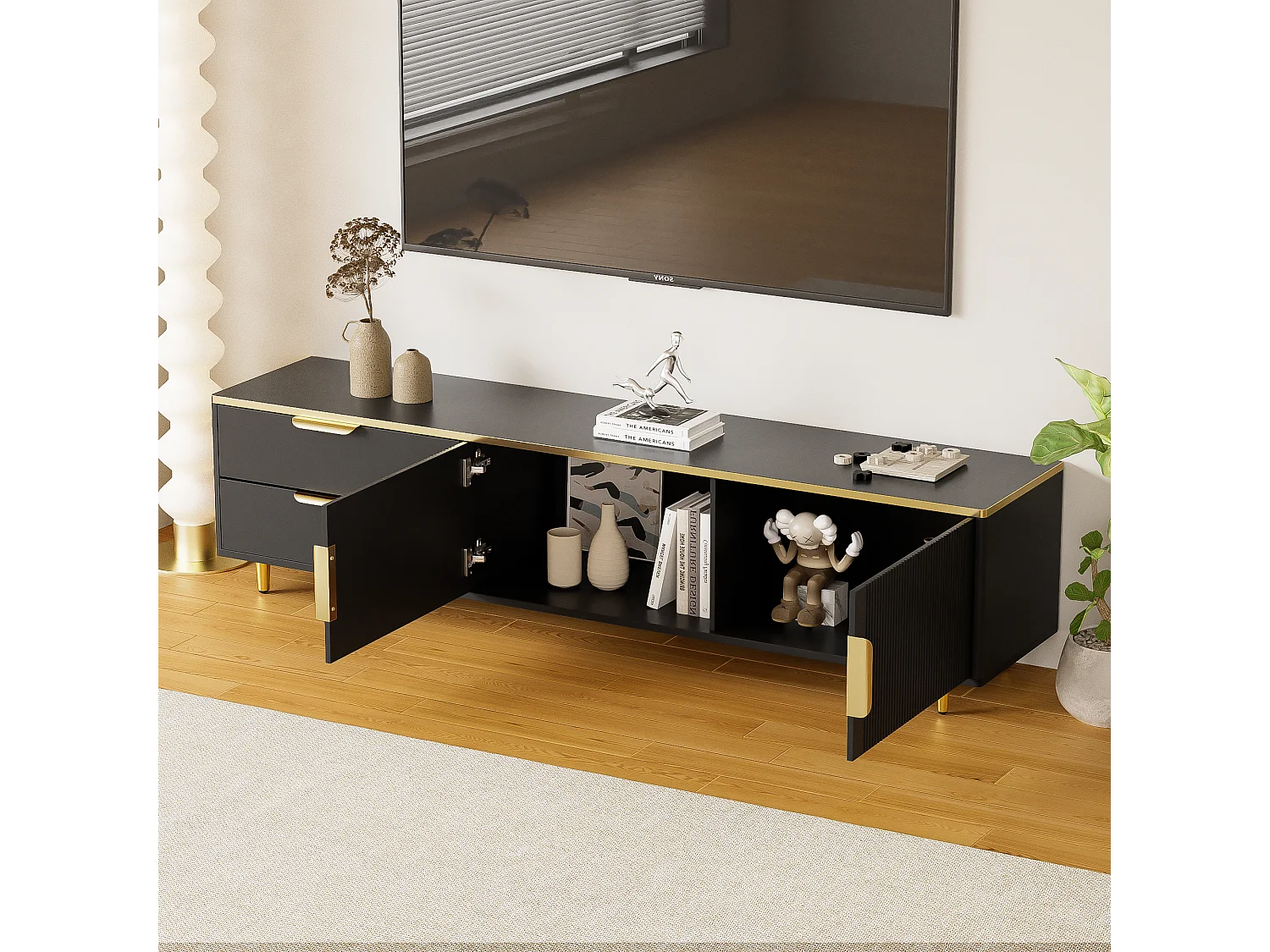Mueble de TV de madera negra de 175 cm con detalles dorados y almacenaje para salón