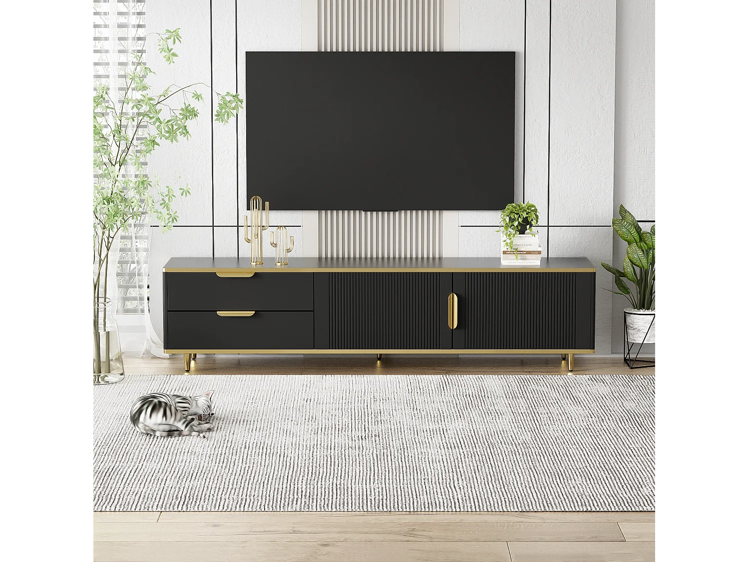 Mueble de TV de madera negra de 175 cm con detalles dorados y almacenaje para salón
