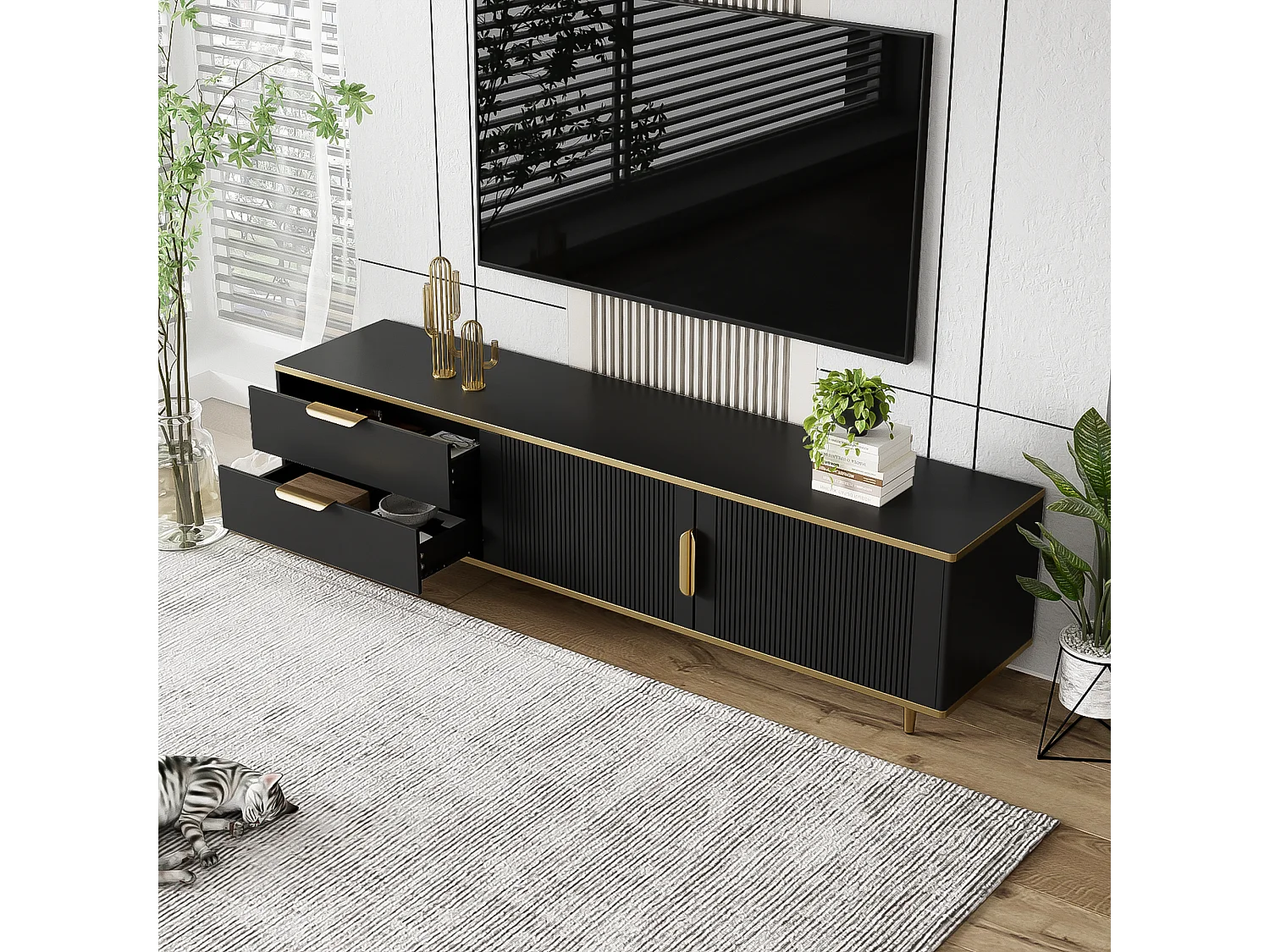 Mueble de TV de madera negra de 175 cm con detalles dorados y almacenaje para salón