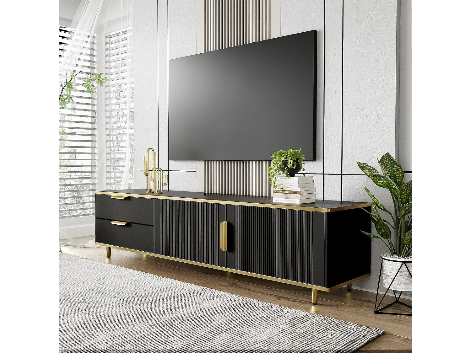 Mueble de TV de madera negra de 175 cm con detalles dorados y almacenaje para salón
