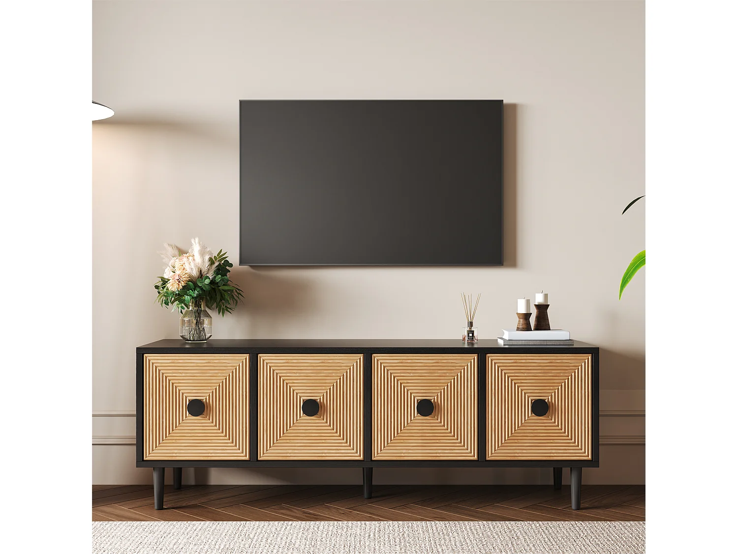 Mueble de TV de bambú y metal de 150 cm con moderno almacenaje en negro y madera para salón
