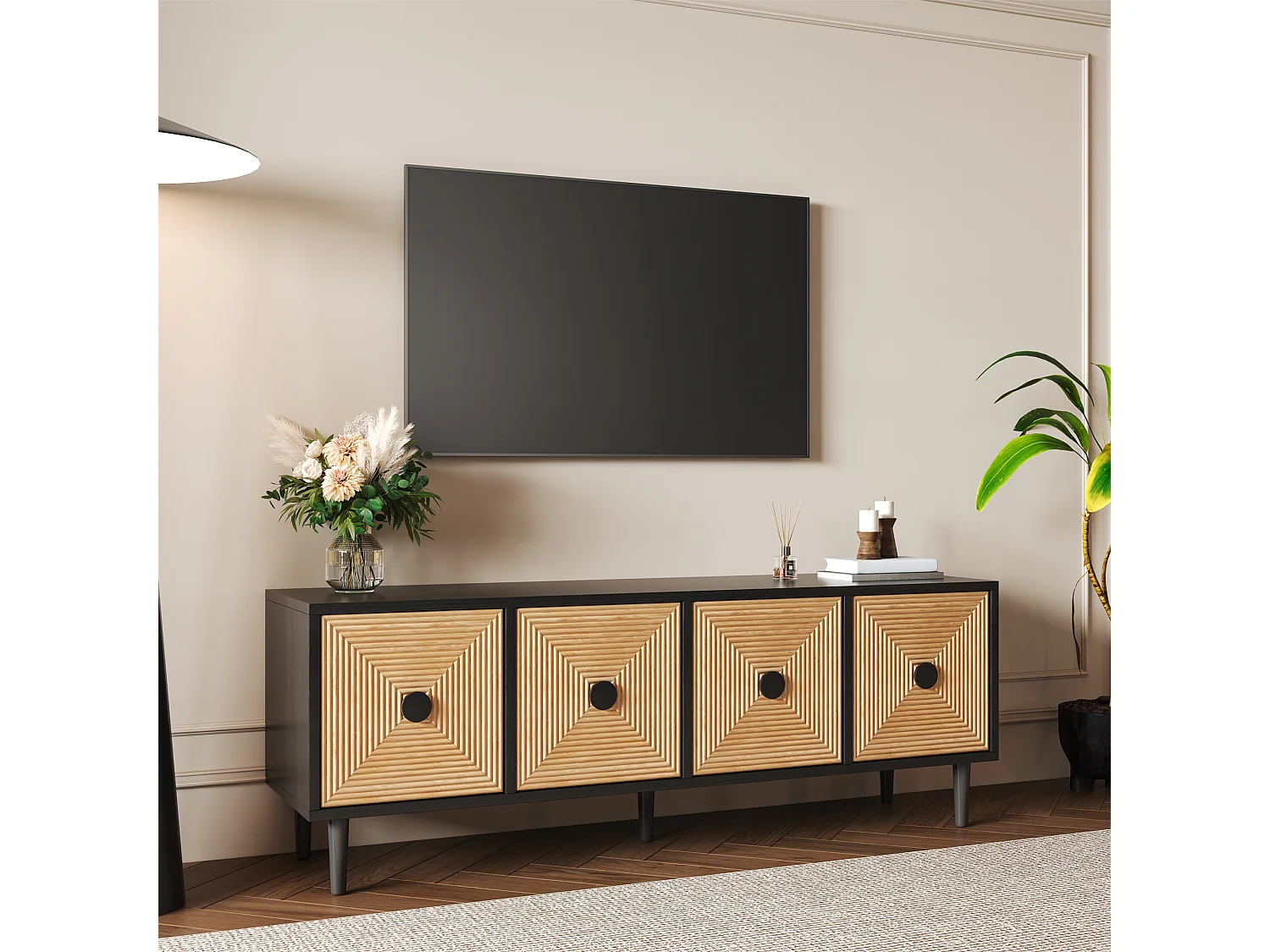 Mueble de TV de bambú y metal de 150 cm con moderno almacenaje en negro y madera para salón