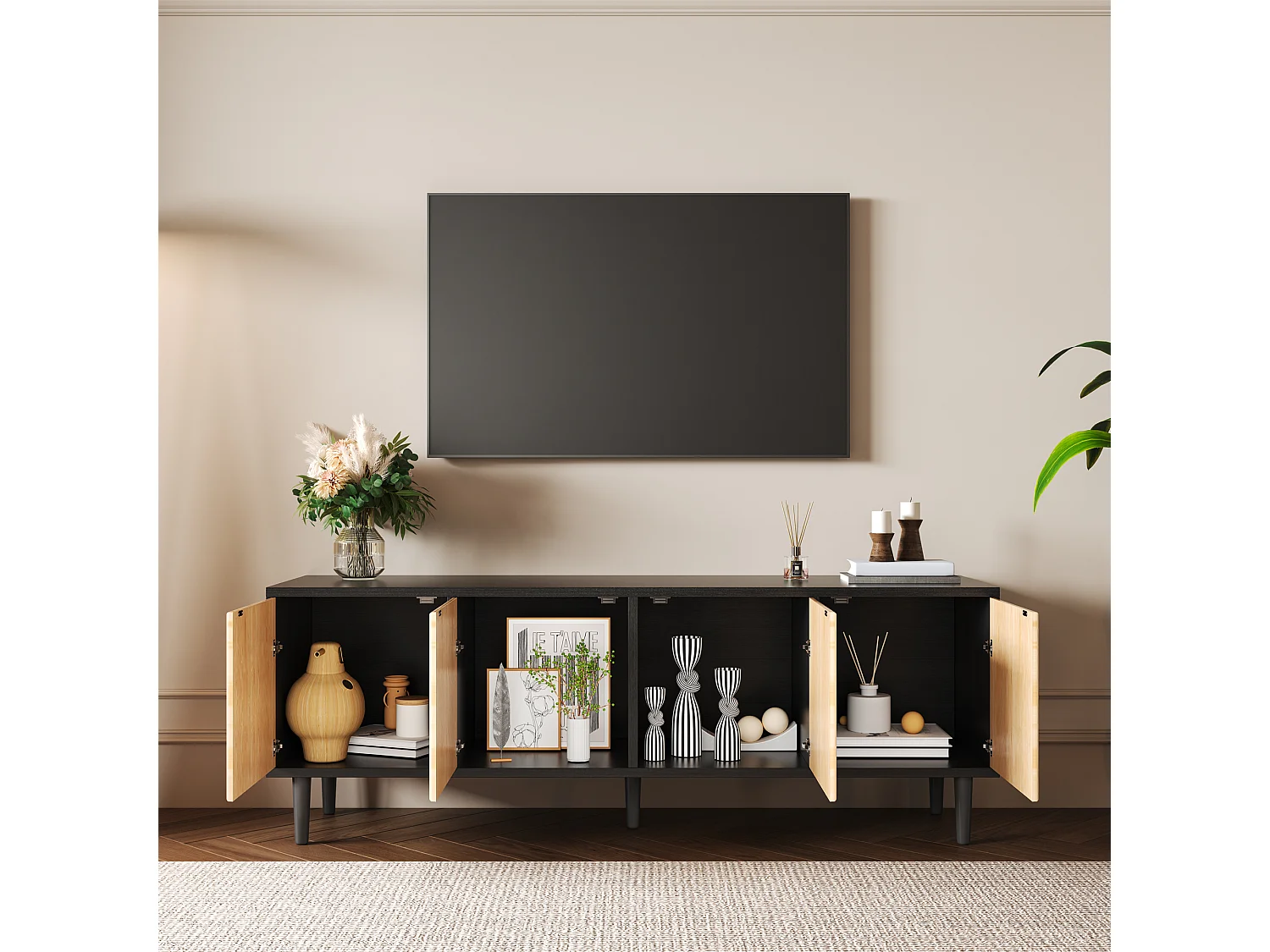 Mueble de TV de bambú y metal de 150 cm con moderno almacenaje en negro y madera para salón