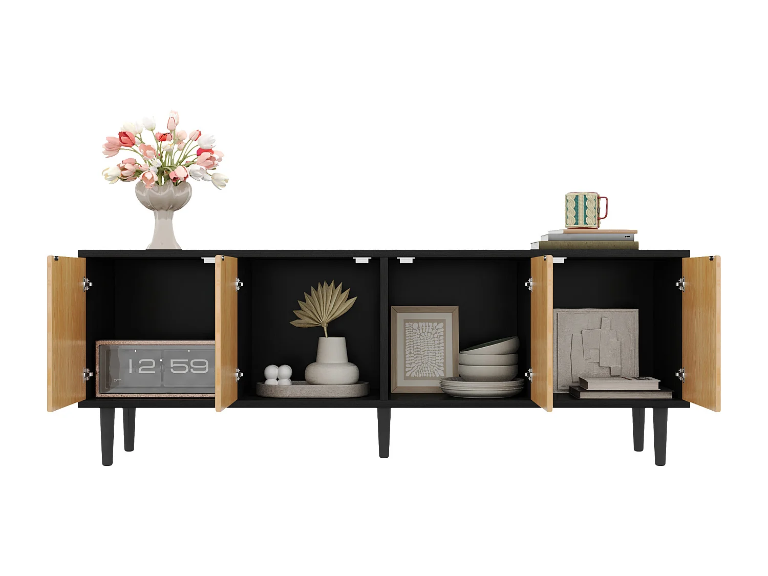 Mueble de TV de bambú y metal de 150 cm con moderno almacenaje en negro y madera para salón