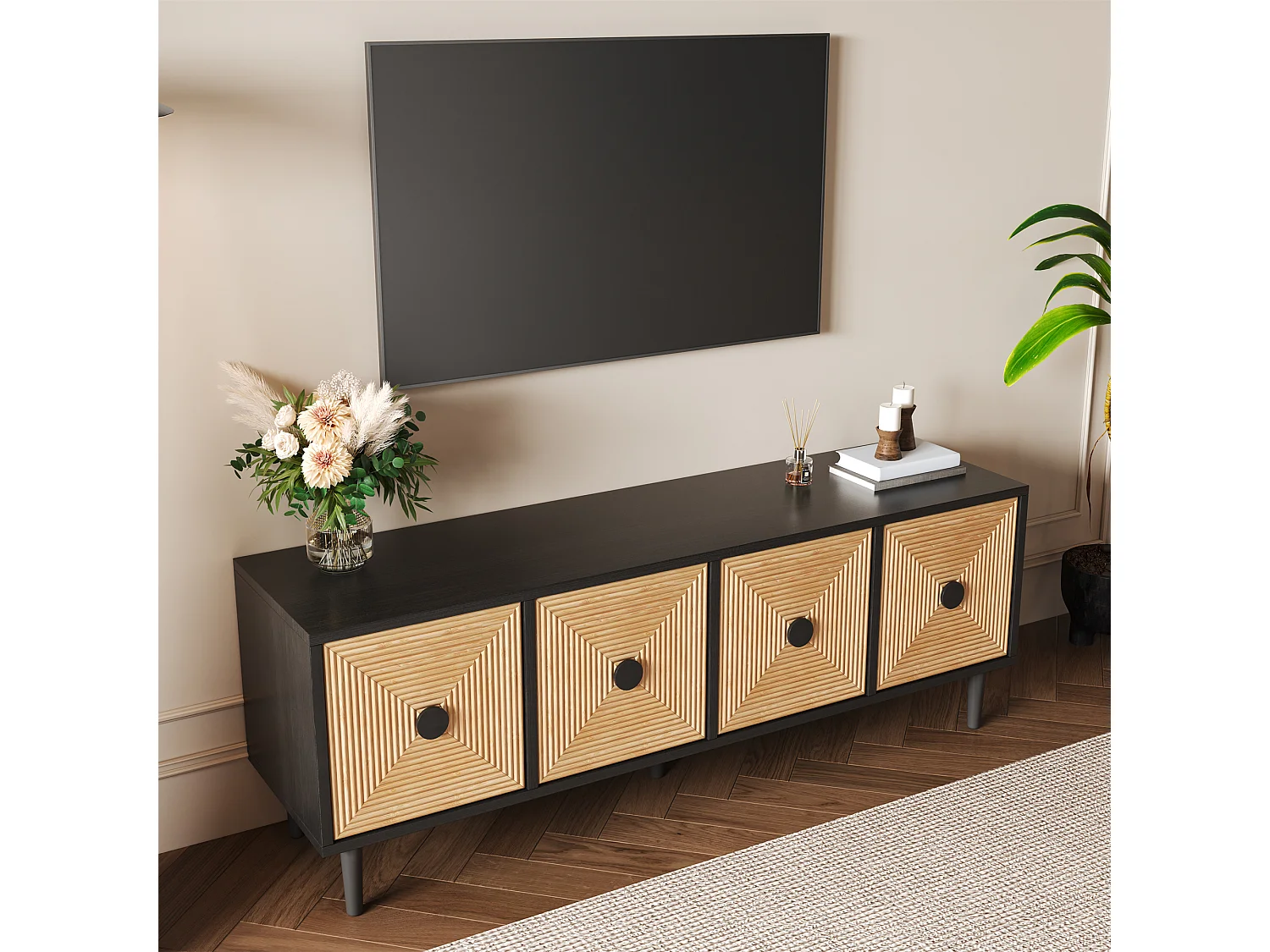 Mueble de TV de bambú y metal de 150 cm con moderno almacenaje en negro y madera para salón