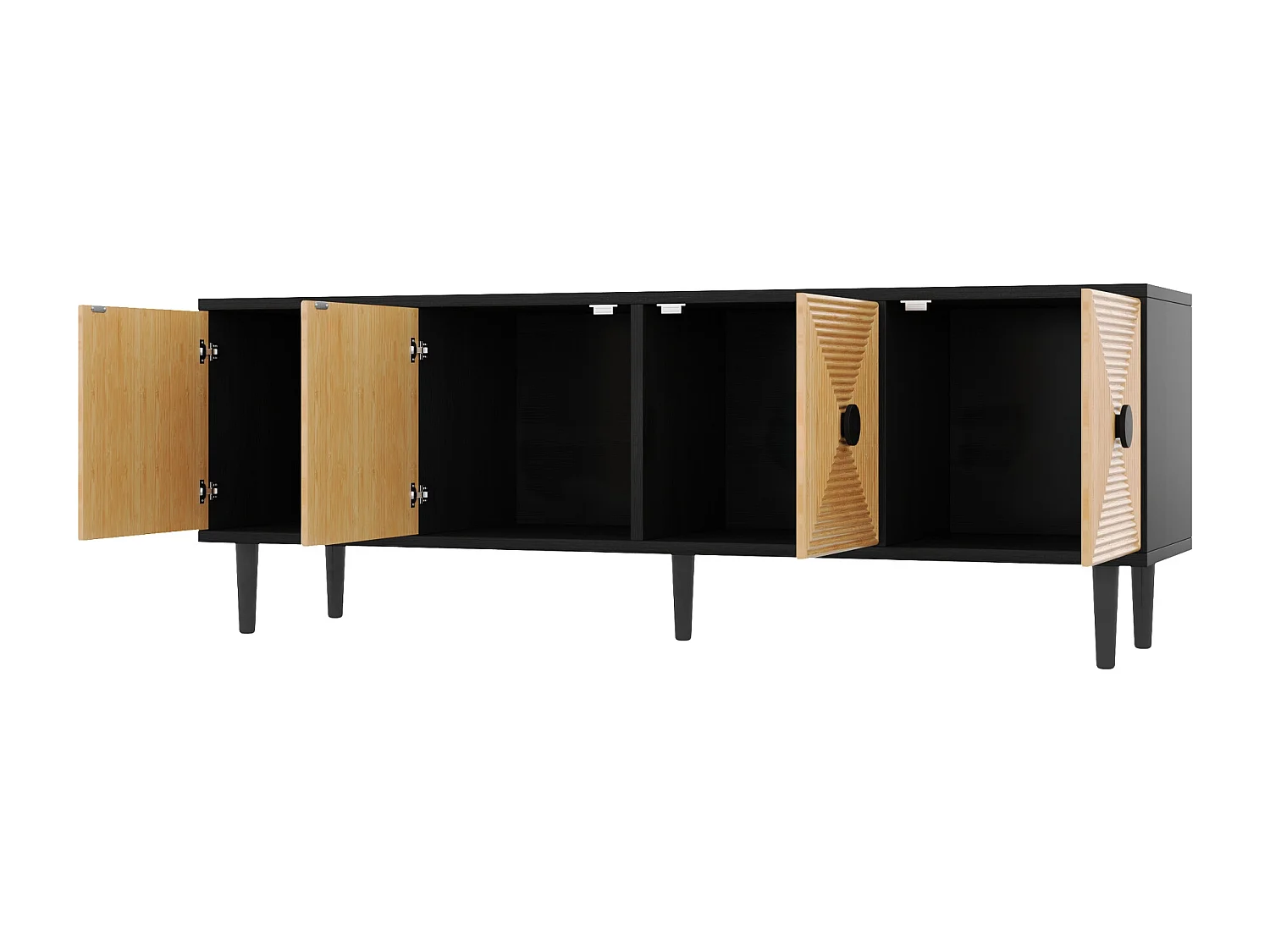 Mueble de TV de bambú y metal de 150 cm con moderno almacenaje en negro y madera para salón