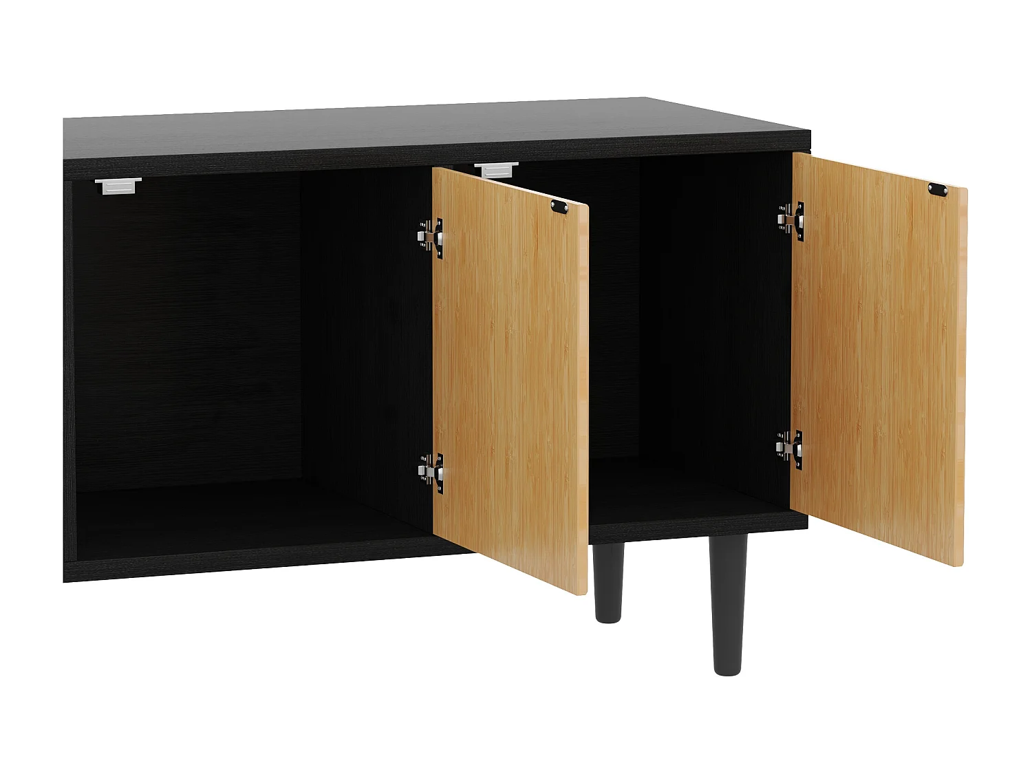 Mueble de TV de bambú y metal de 150 cm con moderno almacenaje en negro y madera para salón