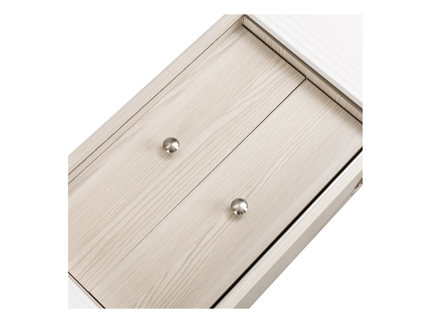 Mueble de TV blanco y madera de 160 cm con 2 puertas correderas y 2 cajones para almacenaje en salón