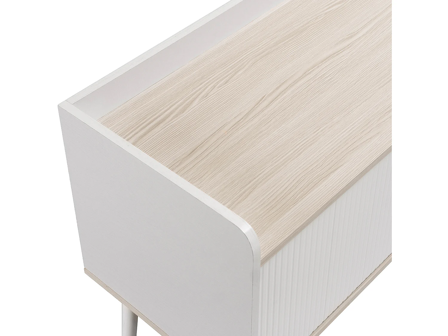 Mueble de TV blanco y madera de 160 cm con 2 puertas correderas y 2 cajones para almacenaje en salón