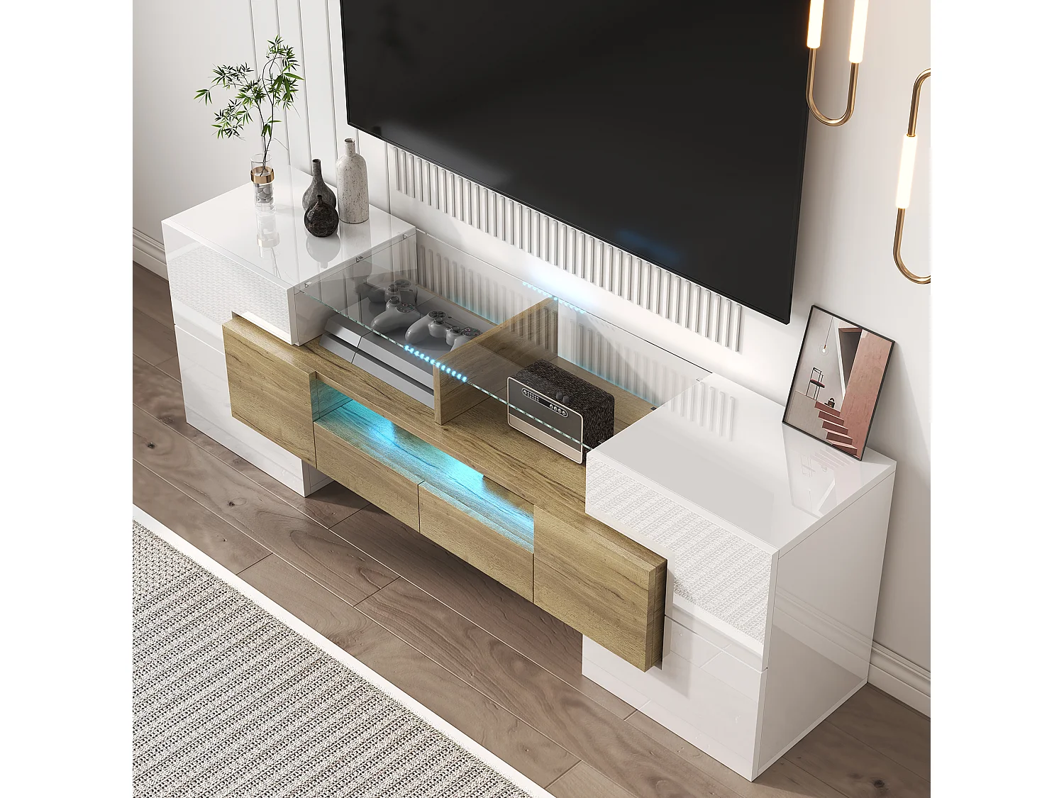 Mueble de TV de 145 cm, blanco brillante, LED RGB, 6 puertas, 2 cajones, moderno, para salón
