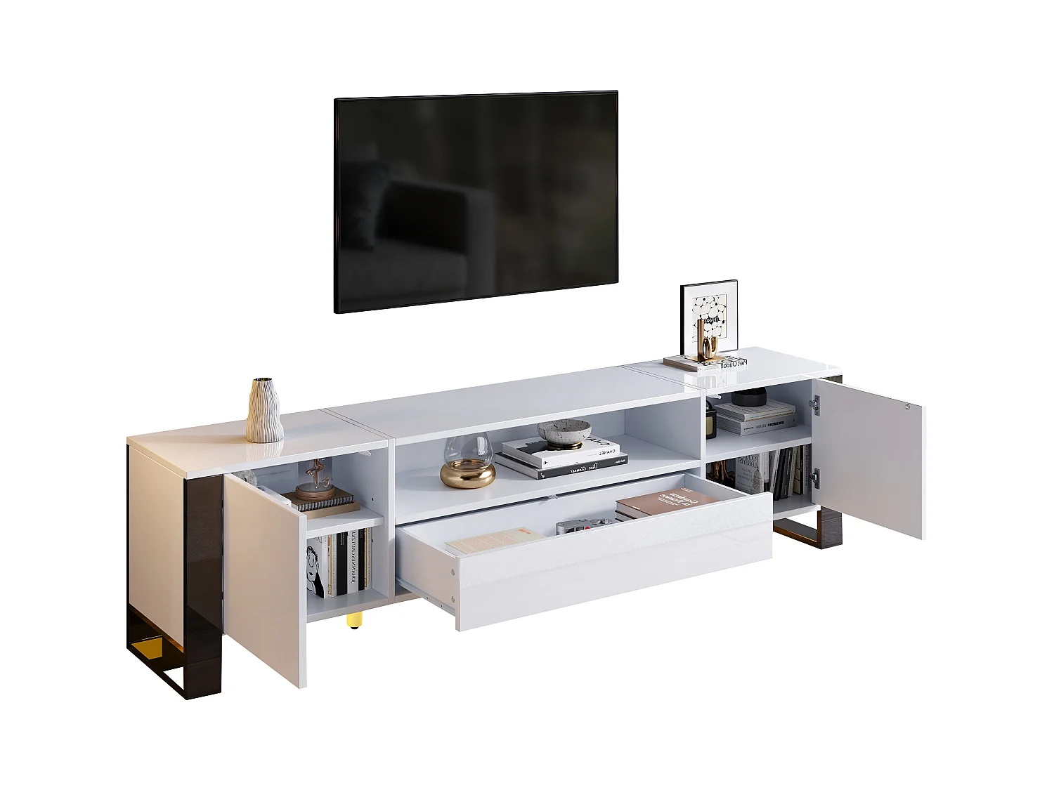 Mobile TV MDF 178 cm bianco laccato LED rangement pour salon jusqu'à 70 pouces