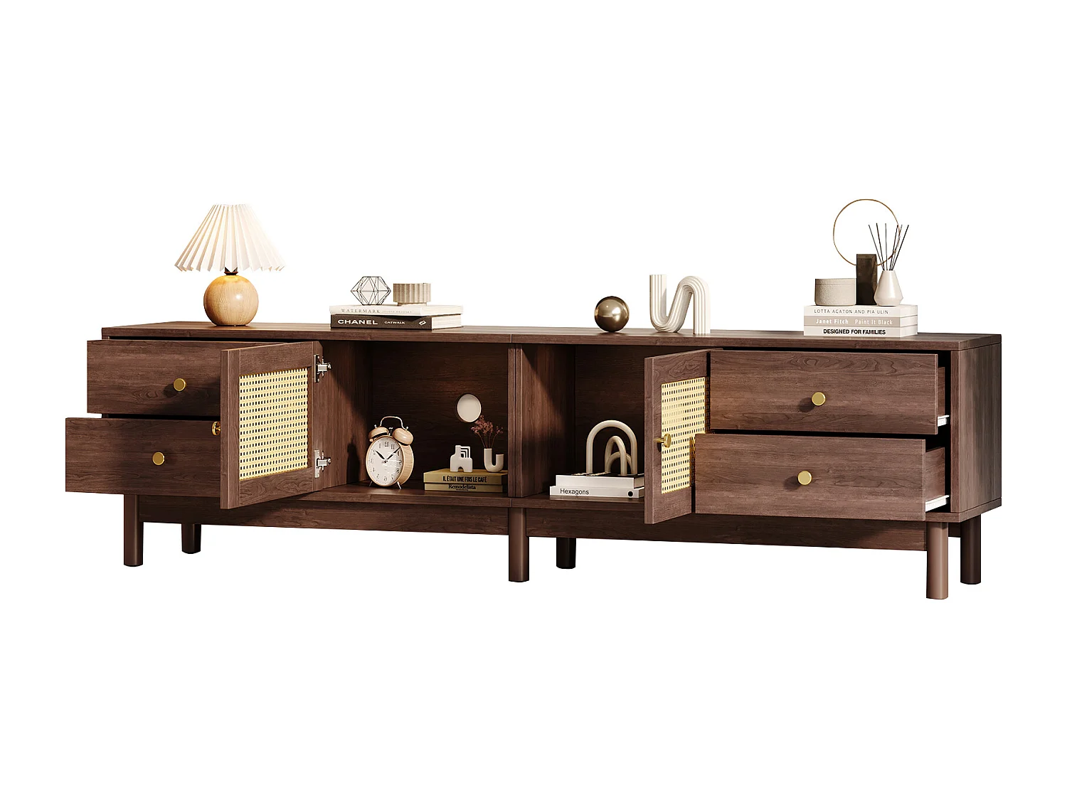 Mueble de TV marrón de 180 cm con 2 puertas de ratán y 4 cajones, moderno mueble de TV para sala de estar.